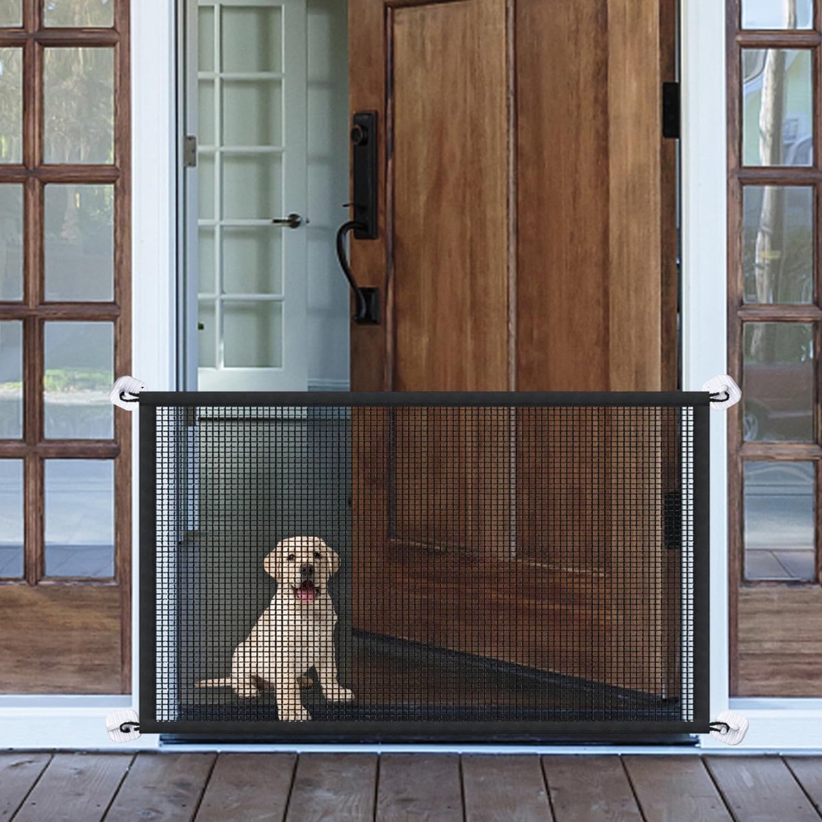 Deurhek voor honden, draagbaar, 153 x 78 cm, hondenrooster, woning, indoor, geen boren, mesh, babypoort voor het huis, veiligheid doel voor huisdieren