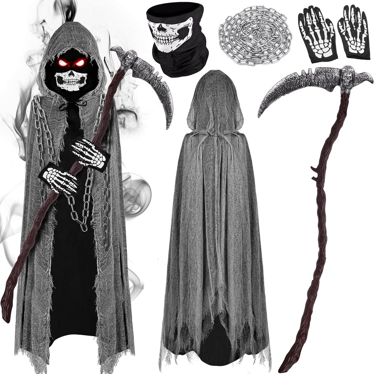 Hein kostuum set - Griezelige Halloween cape met zeis & masker & ketting & handschoenen, horror kostuum Magere Hein cape capuchon Halloween Grim Reaper kostuu Dood Death volwassenen kinderen
