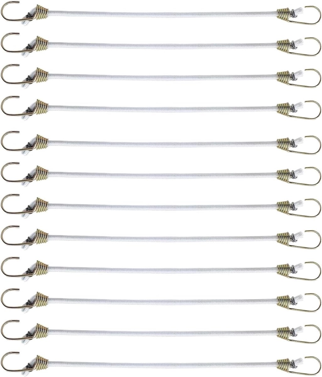 12 stuks 25 cm witte mini-bunge-koorden met haken, elastische hoge prestaties riemen voor buiten, kleine touwen voor bagage, camping, wandelen, motorfiets