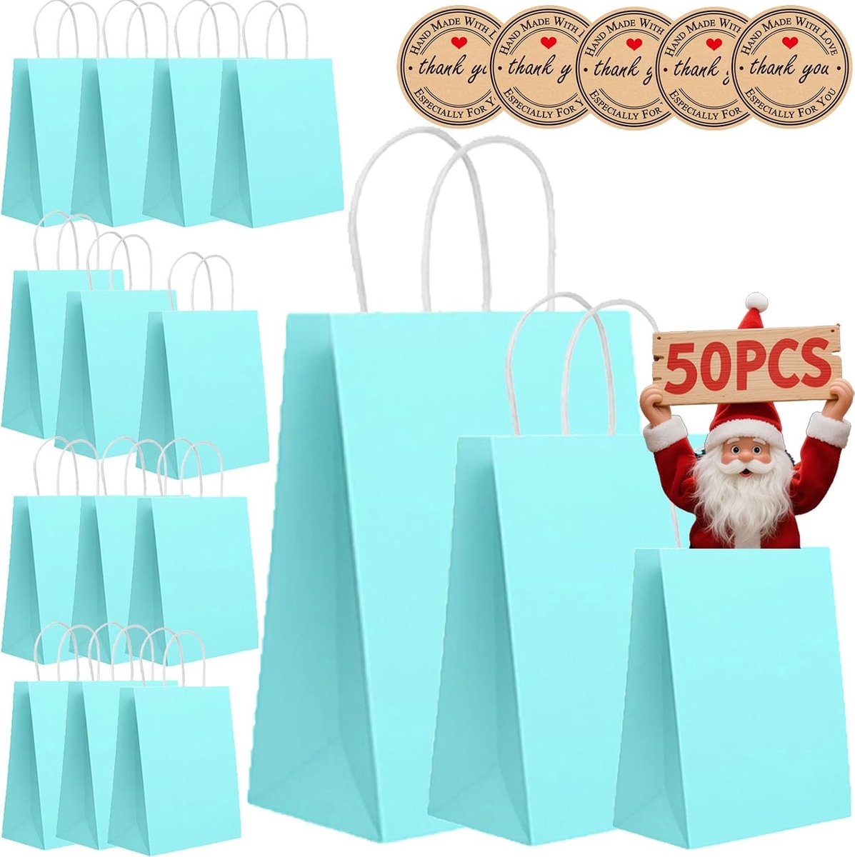 50 stuks kraftpapieren zakken met handgrepen - geschenkzakken van gemengde grootte voor zaken, winkelen, detailhandel, feest, gunst, koopwaar, zakken restaurant afhalen - 130 GMS dikkere kraftzakken