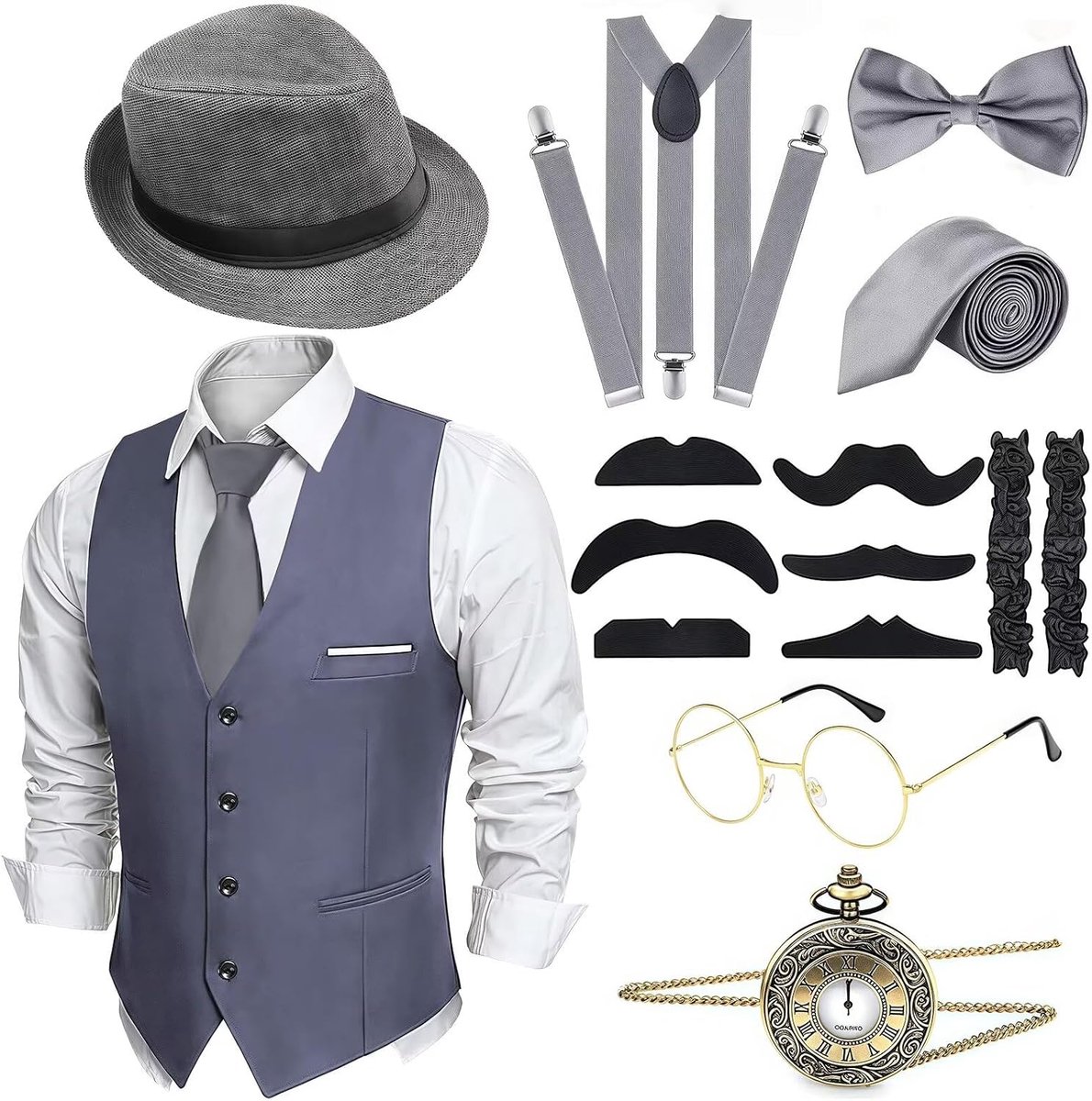 Annee 20 heren 1920 kostuum accessoires set met vest stropdas horloge kostuum heren jaren 20 voor carnaval Halloween cosplay party