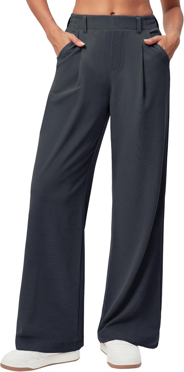 Palazzo Damesbroek, zakelijke wafelgebreide stoffen broek, elegant, casual, losse hoge taille met elastiek, brede pijpen, vrijetijdsbroek