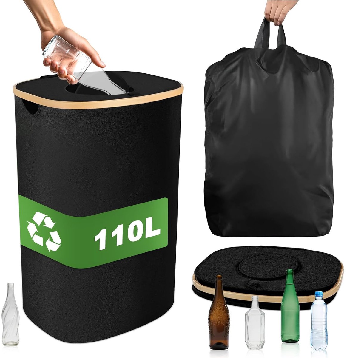 110 liter statiegeldflessen, verzamelcontainer met deksel, gat, draagtas, lege verpakking, plastic flessen, recyclingcontainer, grote statiegeldcontainer voor keuken, bergruimte (zwart)