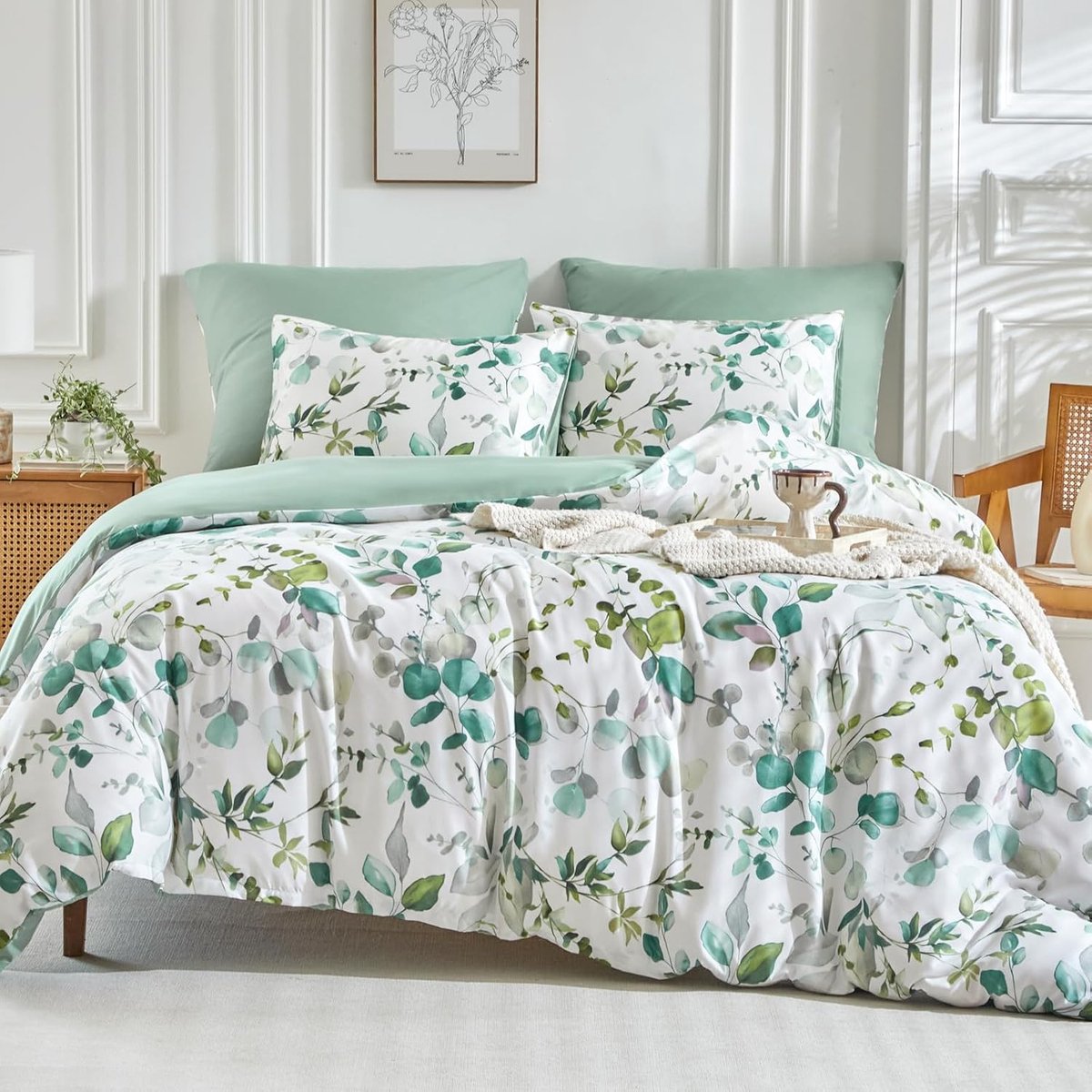 Beddengoedset voor tweepersoonsbed 260 x 240 cm, 3-delige beddengoedset van microvezel met tak- en bladpatroon, bestaande uit 1 dekbedovertrek 260 x 240 cm + 2 kussenslopen 50 x 80 cm, groen