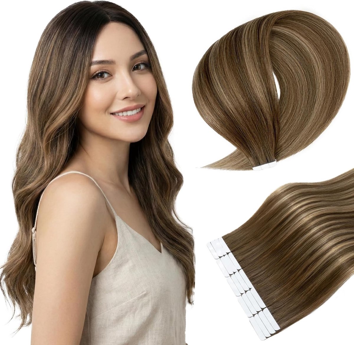 Tape Extensions Echt Haar 10stuks 40 cm Chocoladebruin Met Lichtbruin Remy 15g 16 inch #4T4P27 Skin Weft