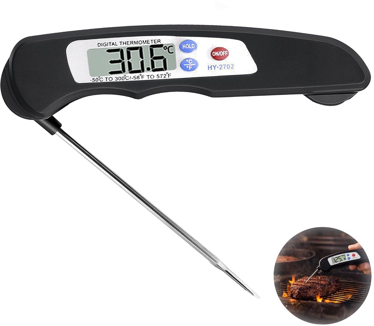 3 seconden snel afspelen - lange opvouwbare sonde met lcd-display, nauwkeurig kookgereedschap 0,1 °C voor vlees, BBQ, bakken, melk en warme dranken