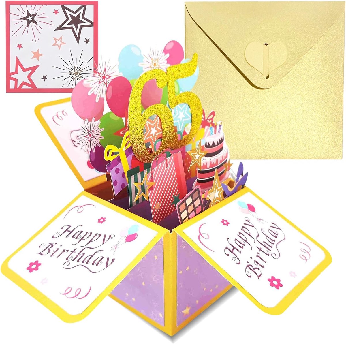 Verjaardag 65. Roze goud, 3D verjaardagskaart voor vrouwen Happy Birthday-kaart met envelop en notities, verjaardagskaart kinderen, moederdag verjaardagscadeau, cadeaukaart