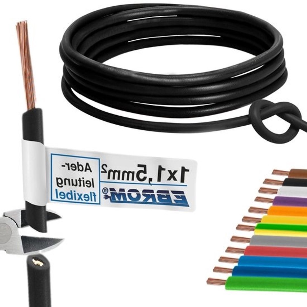 Aderkabel Flexibel - Installatiekabel Meerdradig - Interne Bedrading - Volgens VDE 0281 - 100 meter 15 mm² - Zwart