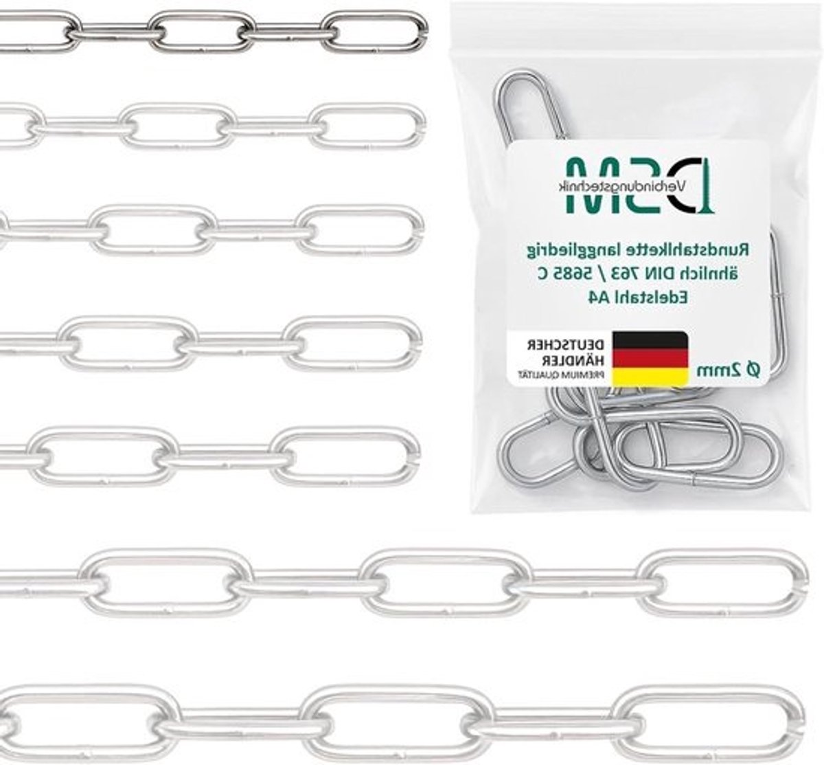 Stalen Ketting - Roestvrij Staal - Bevestigen Ophangen - A4 Materiaal Zeewaterbestendig - 2 mm Diameter - Zilverkleurig