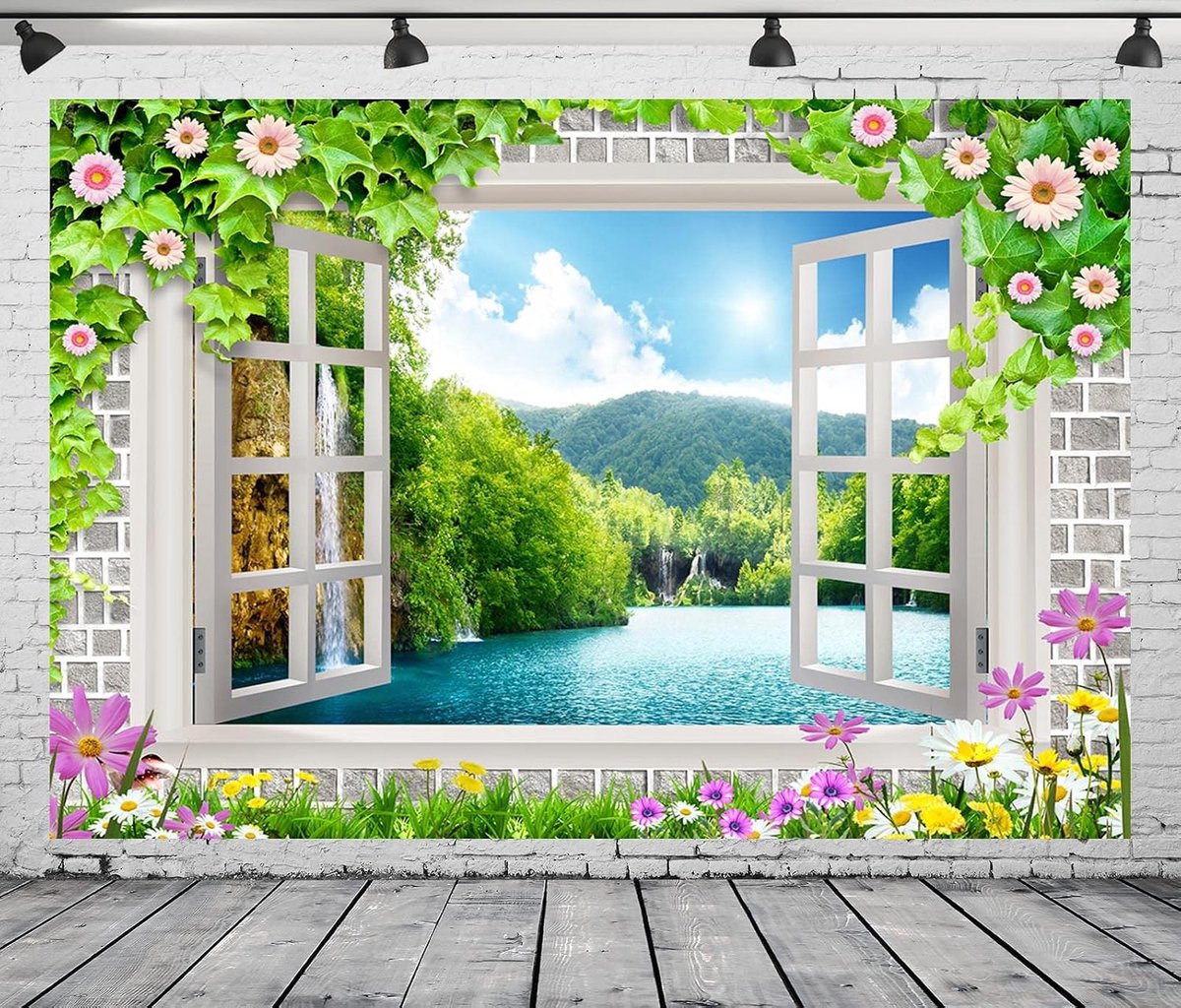 7x5ft Stof Venster Uitzicht Bergen Achtergrond Bloemen Venster Natuur Waterval Landschap Fotografie Achtergrond voor Kinderen Baby Shower Verjaardagsfeest Decor Slaapkamer Esthetische Muur