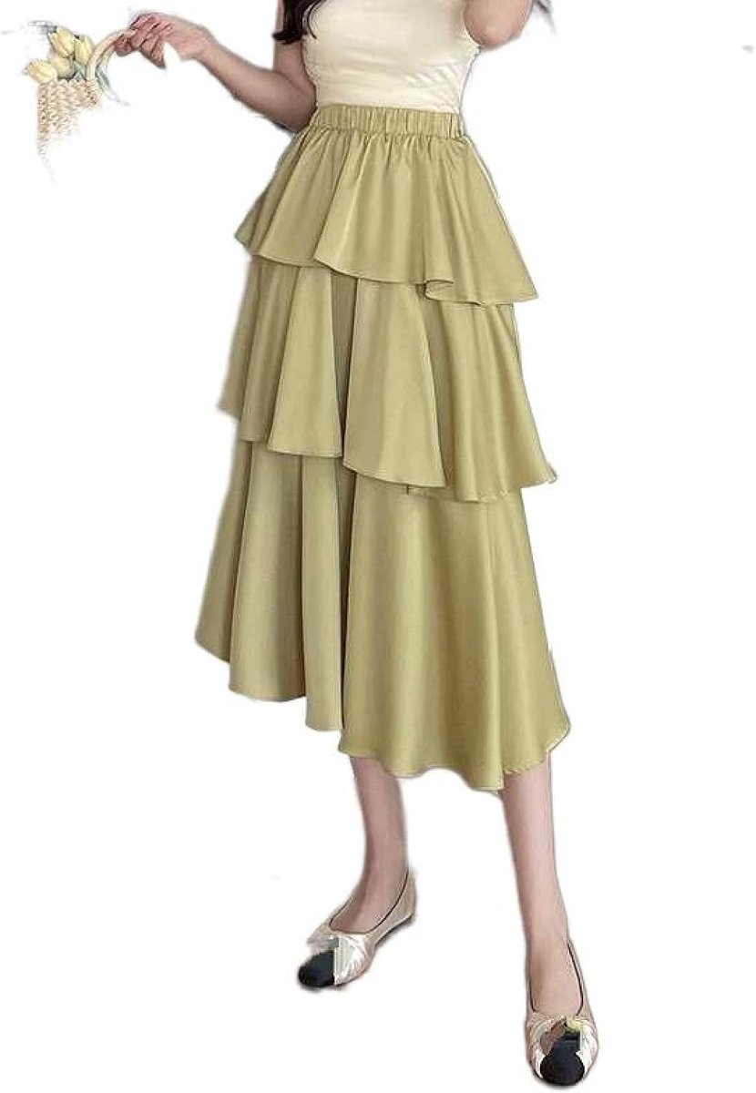 Hoge Taille Azijnvezel Satijn Taartrok - Zomer Veelzijdig Effen Kleur Elastische Taille Halflange Rok Kleine Onregelmatige Rok Met Ruches A-Lijn Lange Rok,Mosterdgroen,Xs