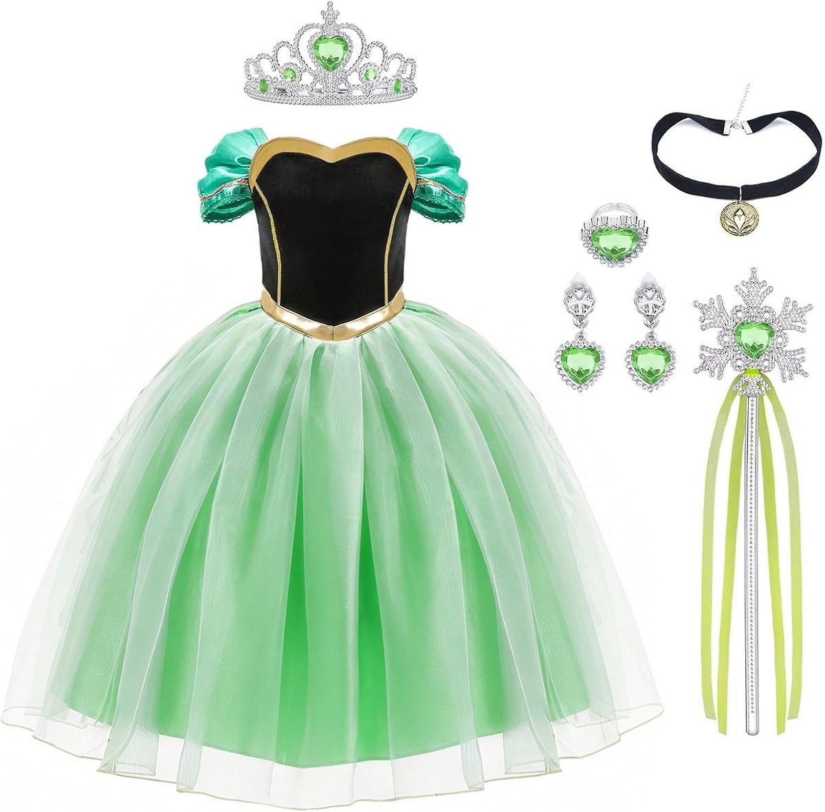 Prinsessen kostuum met toverstaf en kroon voor meisjes, feestelijk verkleedoutfit voor verjaardagsfeest, Halloween en kerst cosplay
