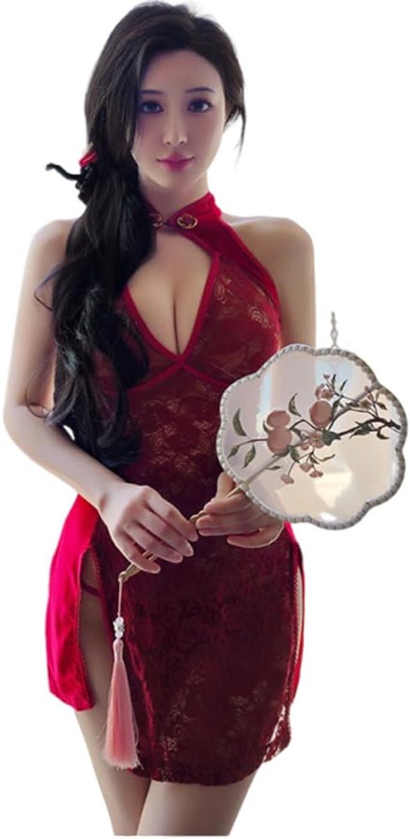 Cheongsam Transparante Pyjama Jurk Uniform Cosplay Vrouwen Kant Chinese Lingerie Kostuum (claret1)