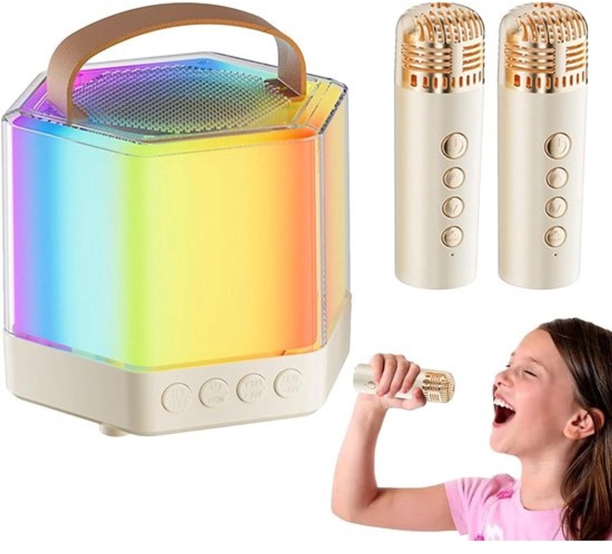 Karaoke machine - Draagbare geluidsbox - Feestelijke zangavonden - Met 2 microfoons - 12 x 12 x 12 cm - Wit