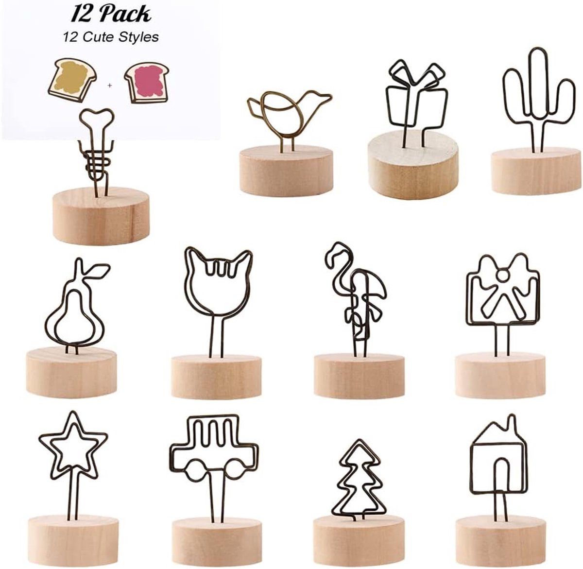 12 STKS Plaats Kaarthouders Vrijstaand, 12 Soorten Leuke Tafel Houten Memo Foto Nummer Naam Bases, Upgrade Post-it Note Stands voor Bruiloft Party Bar Decoratie