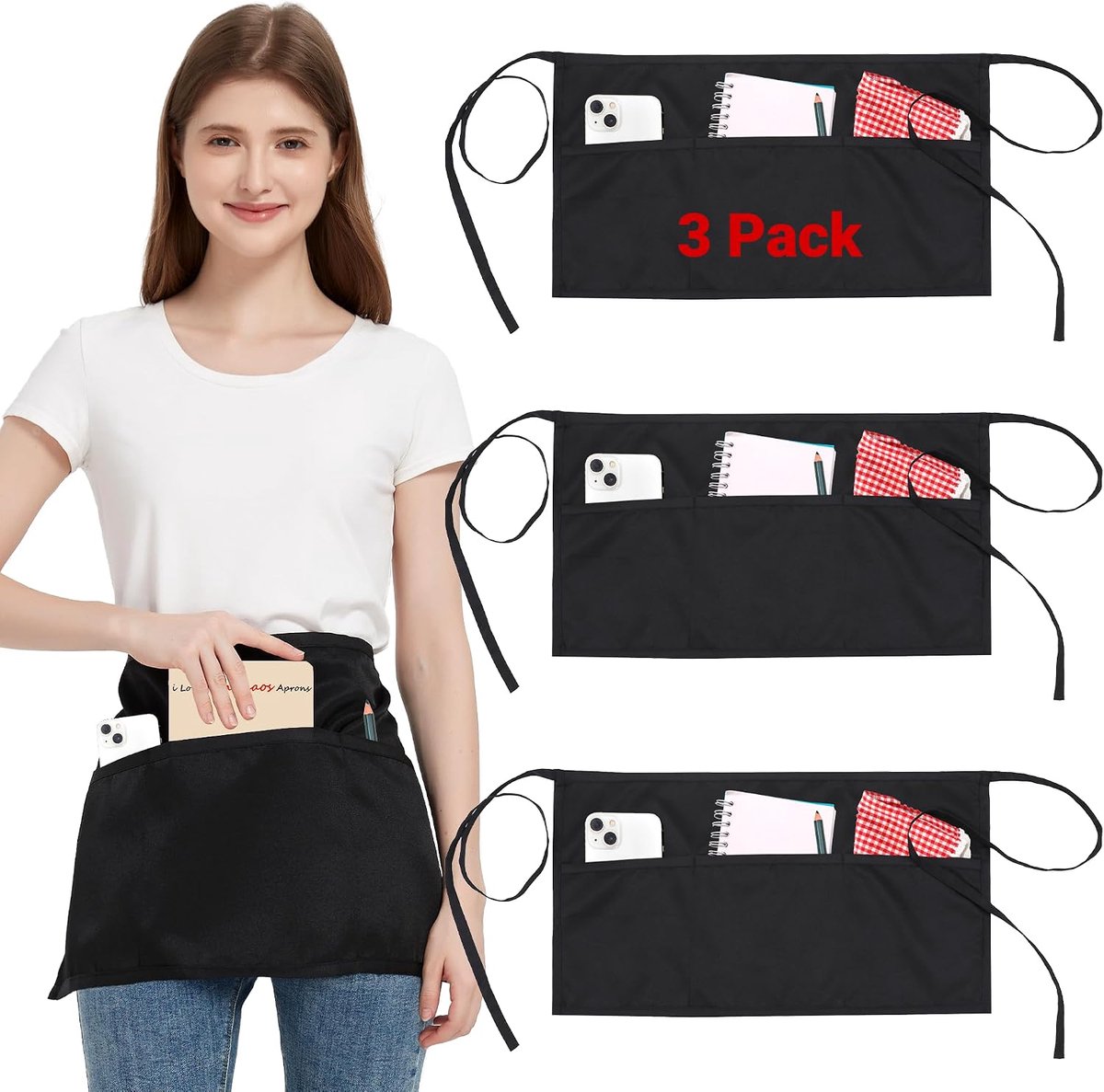 3 Pack Taille Schort met 2 Zakken, serveerster oberschorten voor dames en heren, waterbestendige serveerschorten met lange bandjes, bistroschort voor restaurant, server