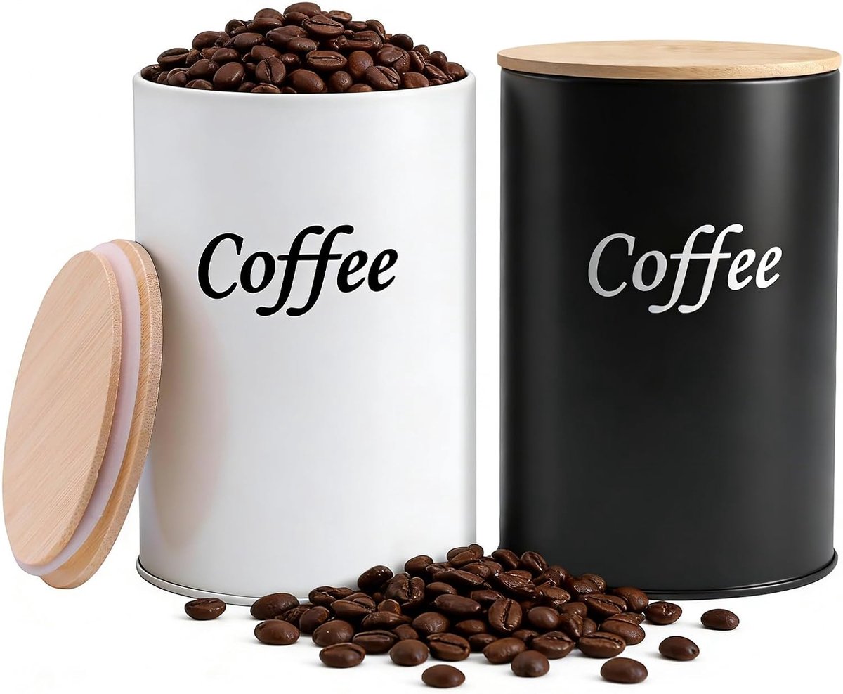 Set van 2 koffieblikjes, luchtdicht (zwart en wit), 500 ml koffiebonenhouder met houten deksel, voorraaddoos, ronde koffieblik voor gemalen koffie, koffiecapsules, thee