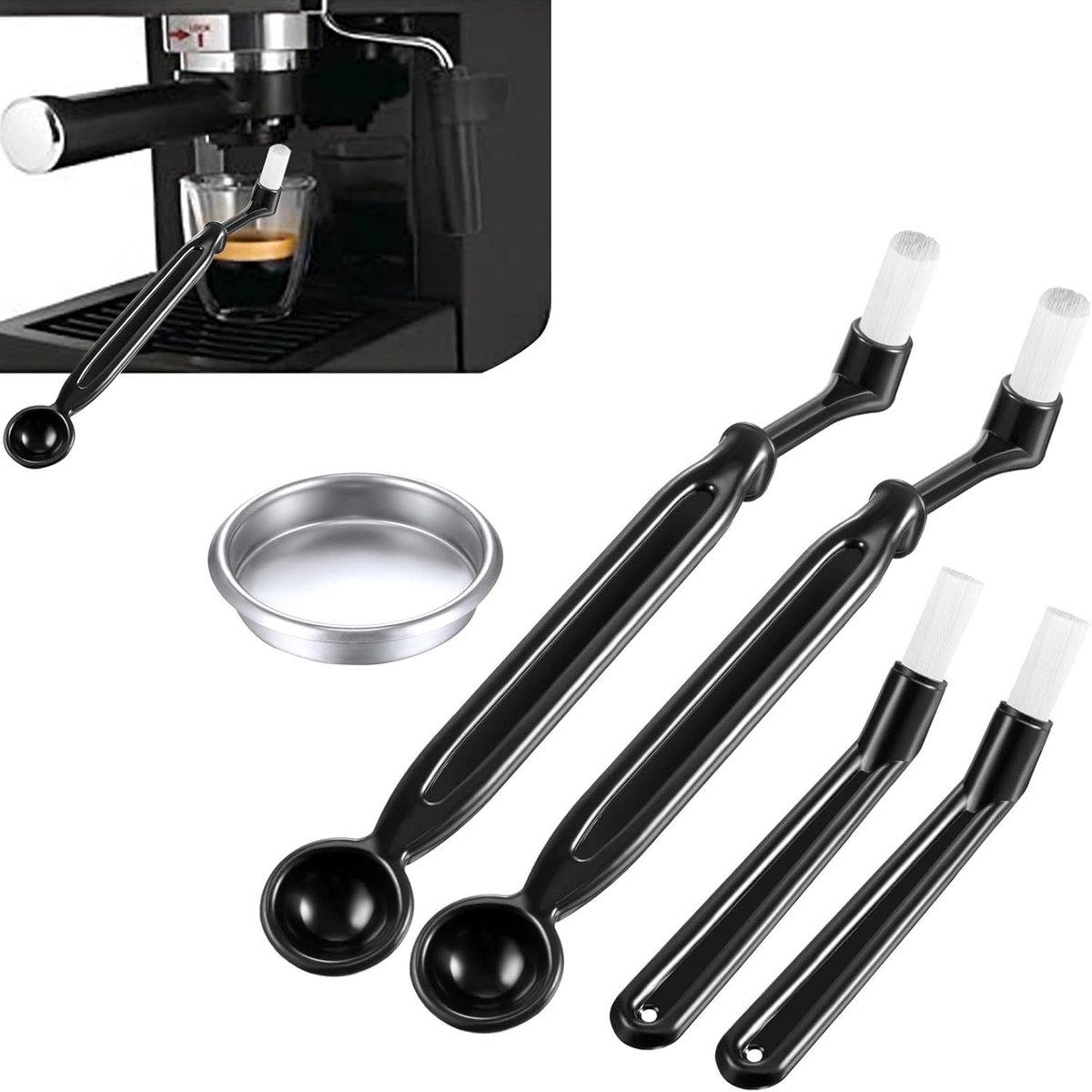 5 stuks koffie schoonmaakborstel gereedschap set koffie machine schoonmaken set backwash metalen blind filter 58mm voor Espresso machine groep hoofd (zwart)