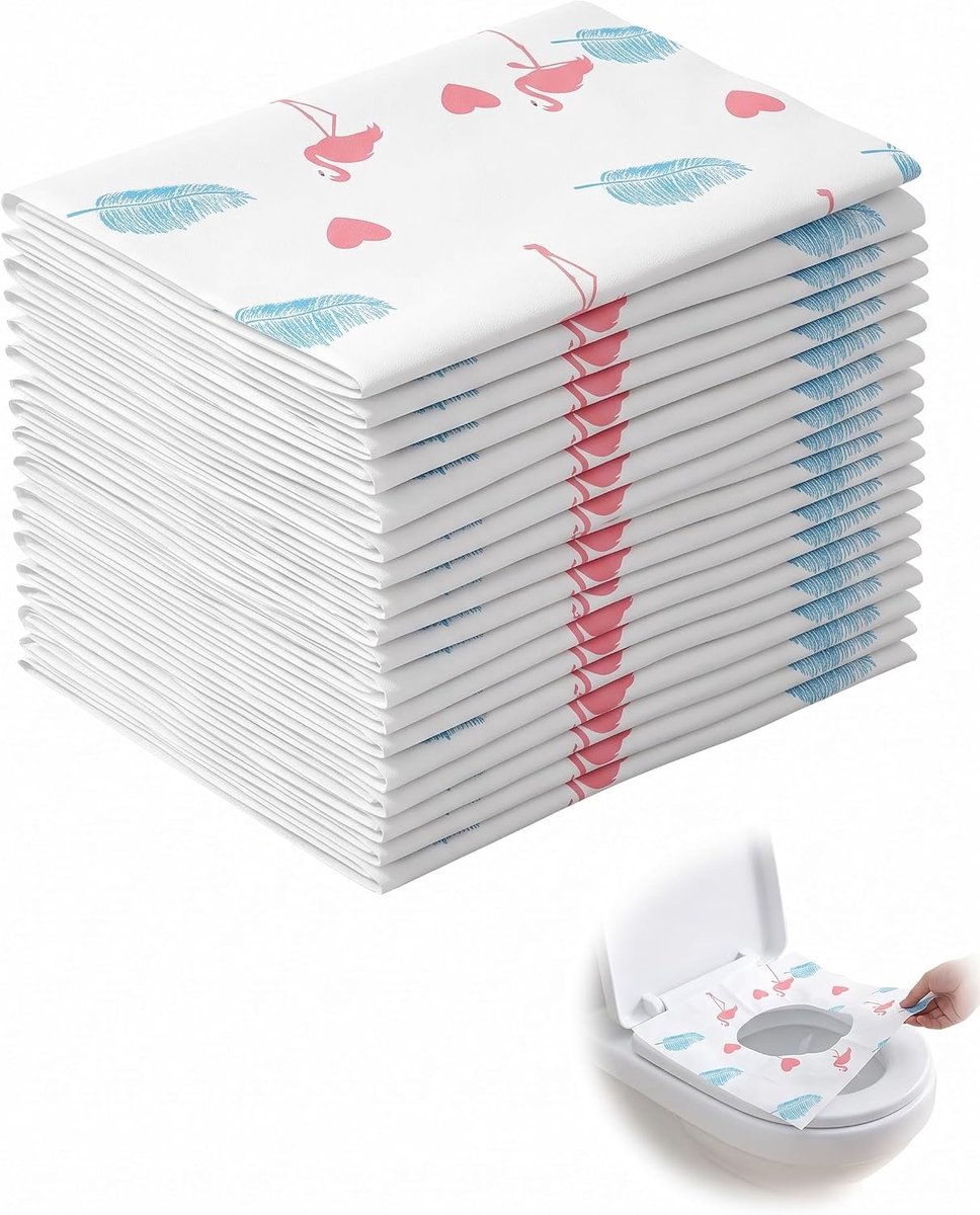 Toiletbril, 20 stuks, individuele toiletbril met individuele verpakking, hygiënische bescherming tegen ziektekiemen op reis, flamingo-design voor familie en reizigers.