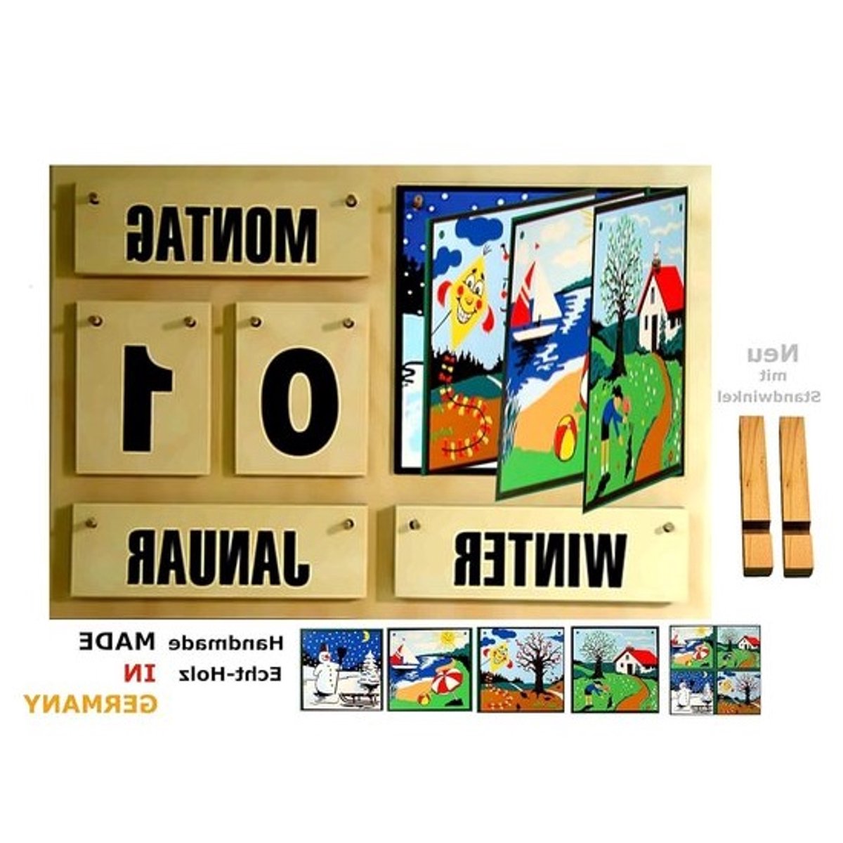 Houten Kalender - Permanente Kalender - Leren Seizoenen - Duits Handwerk - 50 x 35 cm - Natuurlijk Hout