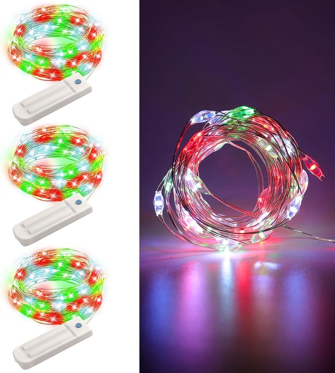 Lichtsnoer met kerstverlichting, 3 stuks, met timer, 2,5 m, 50 leds, rood, groen, wit, voor binnen, koperdraad, waterdicht, kerstlichtketting voor kamer, tuin, kruiken, buitendecoratie