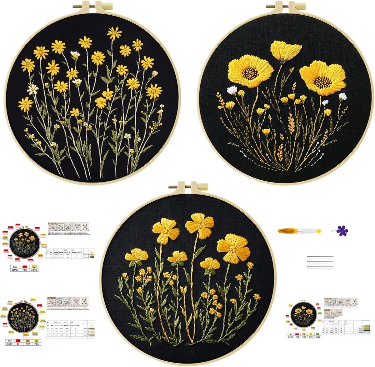 cukol cukol Borduurset voor beginners - 3 stuks bloemen borduurafbeeldingen om te borduren set volwassenen, kruissteek borduurpakkingen voor liefhebbers van handwerk en naaldwerk, met borduurframe
