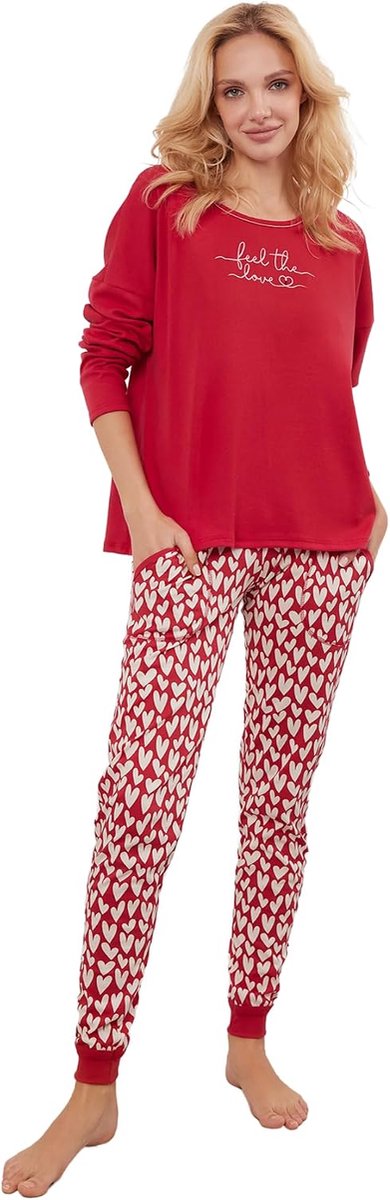 Fashion Pyjamaset voor Dames met Hartjesprint | Katoenen Set met Shirt met Lange Mouwen en Volledige Broek | Zachte Huisoutfit om Te Slapen of Te Relaxen S-XXL