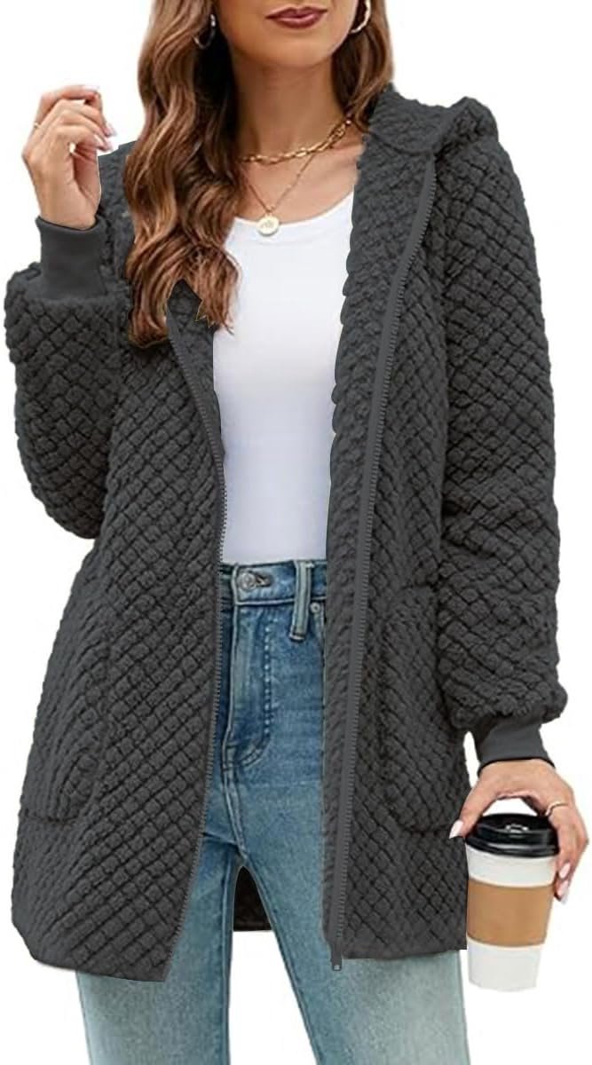 Dames fleecejack hoodie effen pluche jas fleece jas capuchon bovenstuk hoodie warm ritssluiting sweatshirt met zakken, S-XXL