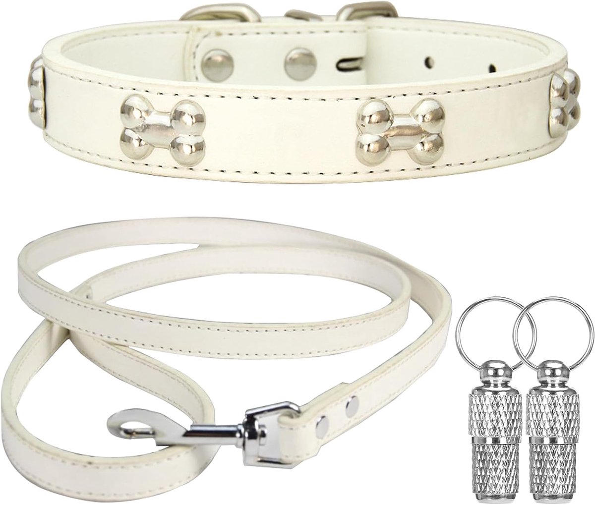 Halsband en linnen halsband lederen halsband hond halsband met metalen botdecoratie geschikt voor kleine, middelgrote grote honden en katten wit S