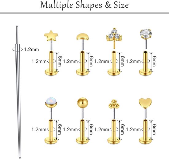 Studs Rvs Push in Neus Studs Ringen 16G Cz Tragus Kraakbeen Helix Conch Lip Labret Medusa neusgat Piercing Sieraden — afbeelding 2