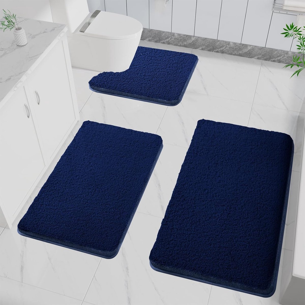 3 stuks badmat, antislip, zacht waterabsorberende, hoogpolige microvezelmat voor de badkamer, machinewasbaar voor badkuip, douche en badkamer (marinekleur)