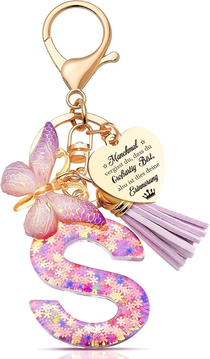 Sleutelhanger met initiële brief, vrouwen kwastje vlinder hanger roze paars schattige autosleutelhanger, paars en goud hars alfabet sleutelhanger voor portemonnee, gepersonaliseerde