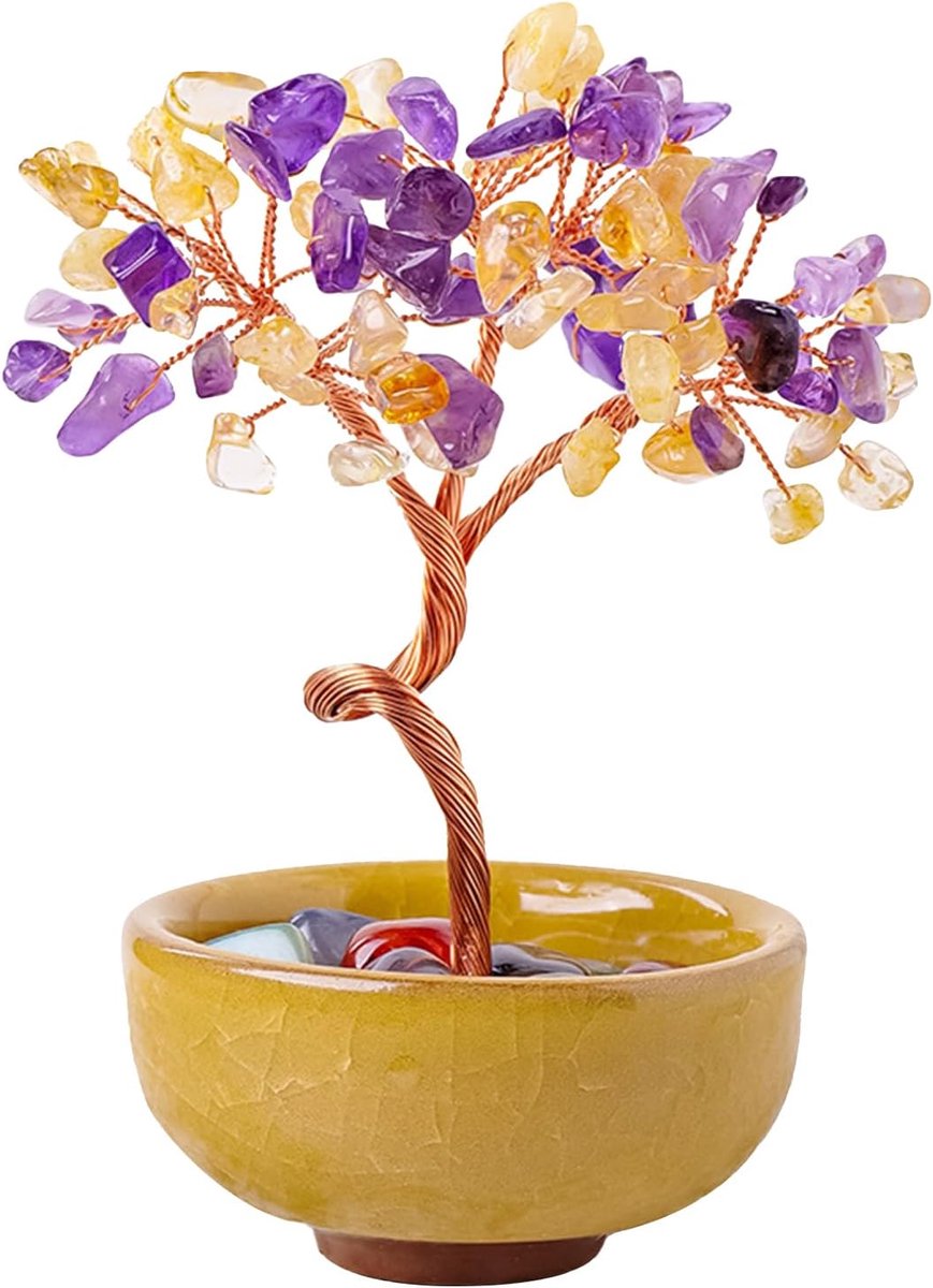 stenen Feng Shui Decoratie, Helende Kristallen Geldboom, Spirituele Levensboom, Citrien Amethist Steen Bonsai Boom, Edelstenen Kristalboom Home Decor Spirituele Geschenken