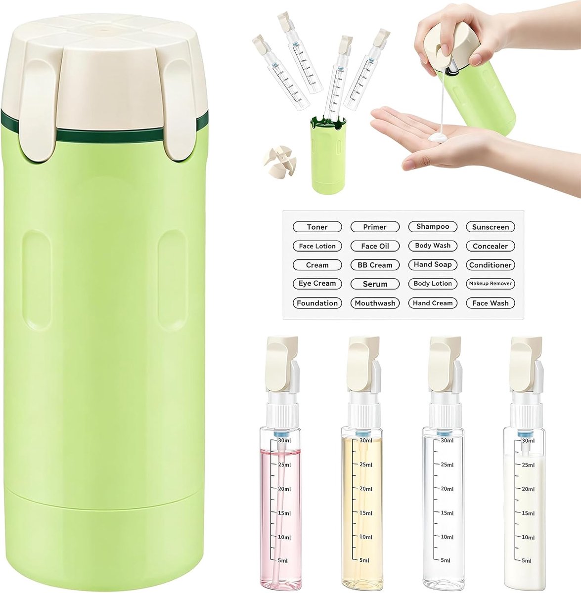 4-in-1 reisdispenser, 4-in-1 reisflessen om te vullen, draagbare reisformaat container met schaal en etiket, reiscosmetica-container voor shampoos, douchegel en crèmes, groen
