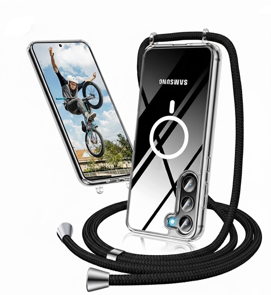 Casemania Hoesje Geschikt voor Samsung Galaxy S26 FE - Transparant - Siliconen Back Cover met Koord - Geschikt voor MagSafe - Telefoonhoesje met Koord - Crossbody Lanyard Cord Case