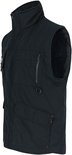 Zwarte bodywarmer met hoge kraag, zakken met rits en klep, en D-ringen. Lange rug.