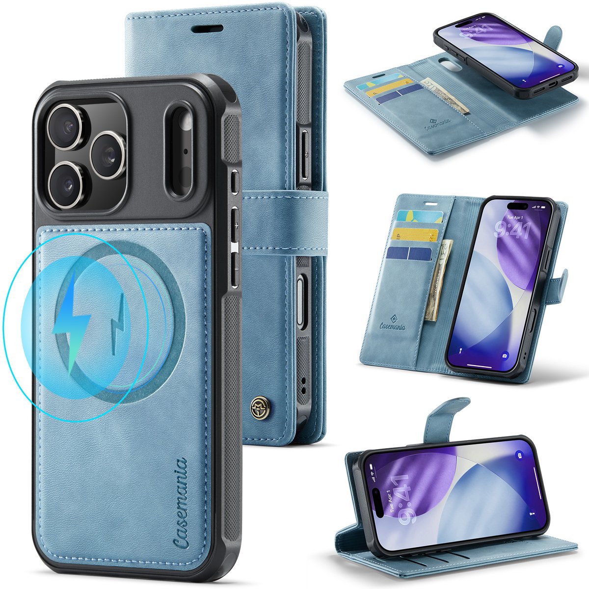 Casemania Hoesje Geschikt voor Apple iPhone 18 Pro - Aqua Blue - Geschikt voor MagSafe - Luxe Kunstleer 2 in 1 Afneembare Bookcase - Magnetische Telefoonhoesje met Pasjeshouder en Standaardfunctie