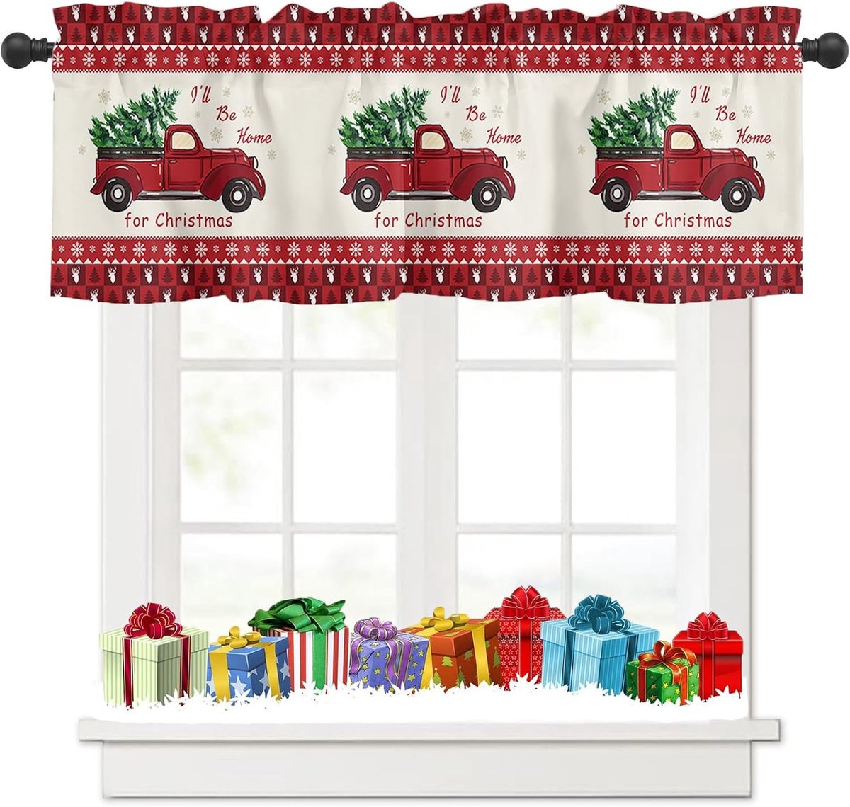 Gordijnen decoratief kerstgordijn rood gordijn van de kerstboom vrachtwagen hert patroon ondoorzichtig bistrogordijnen voor keuken raam B 137 × H 45 cm