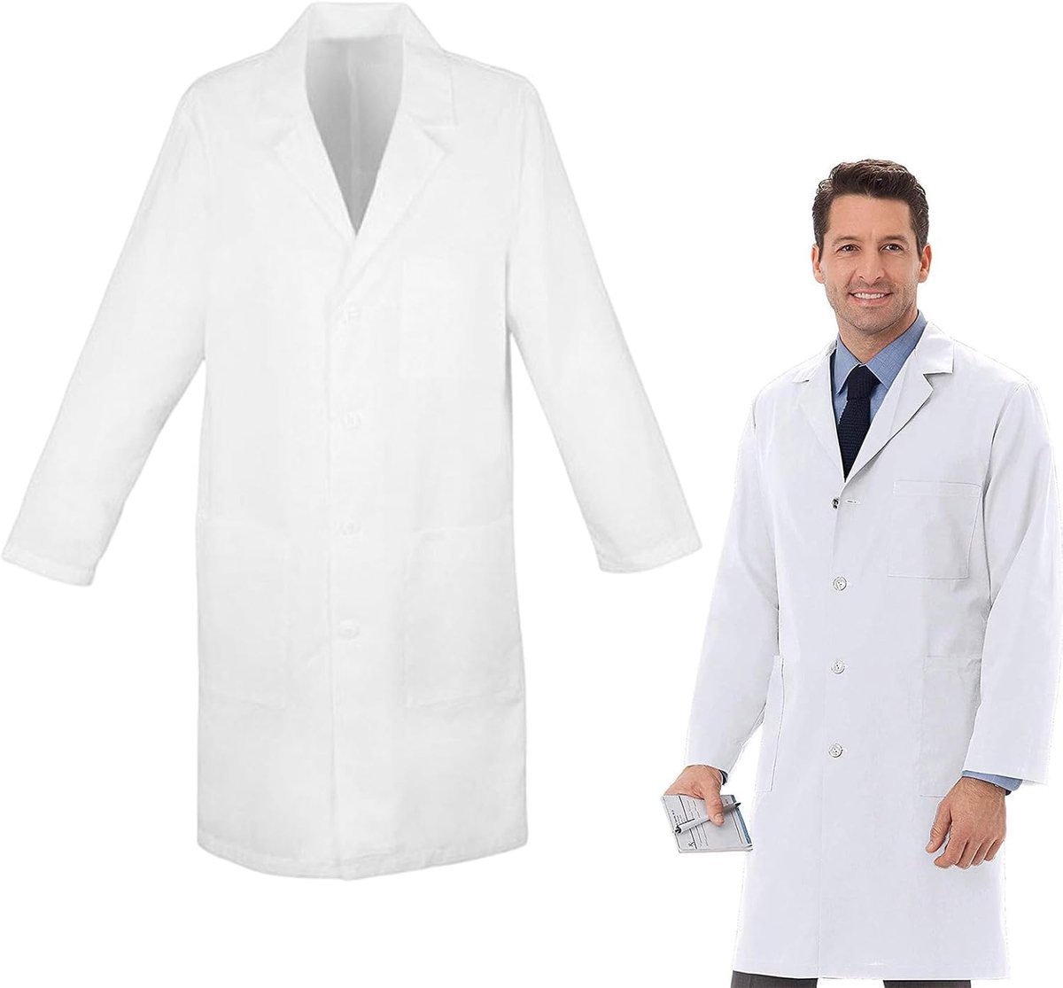 Dames en heren, medisch doktersjas, laboratoriumjas, wit, katoenen doktersjas, met knopen en 3 zakken, scheikunde, school, uniseks, doktersjas voor laboratorium, studie, werk