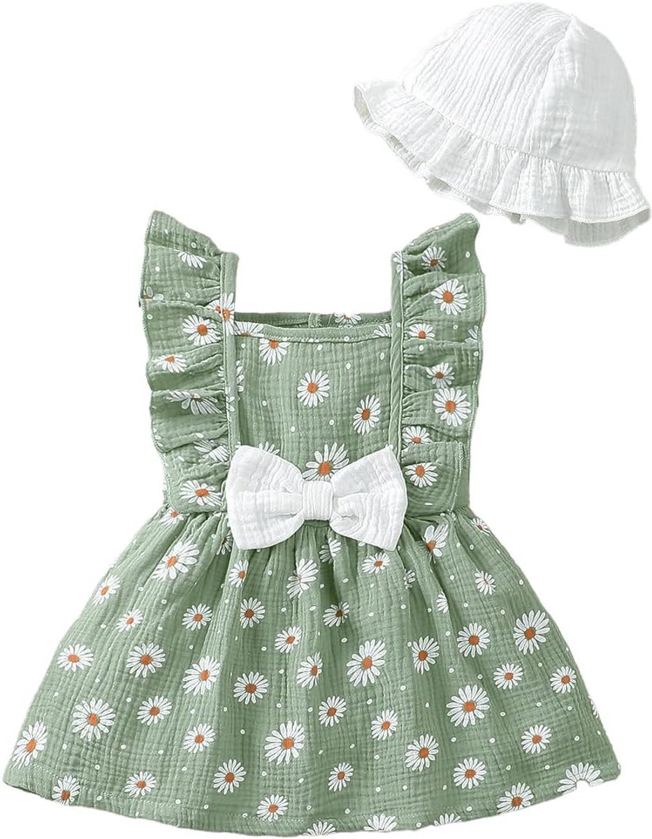 Zomer- en herfstjurk voor peuters, babymeisjes, outfit met ruches, hart/bloemenpatroon, boho-jurk, schattige babyzomerjurk met hoed