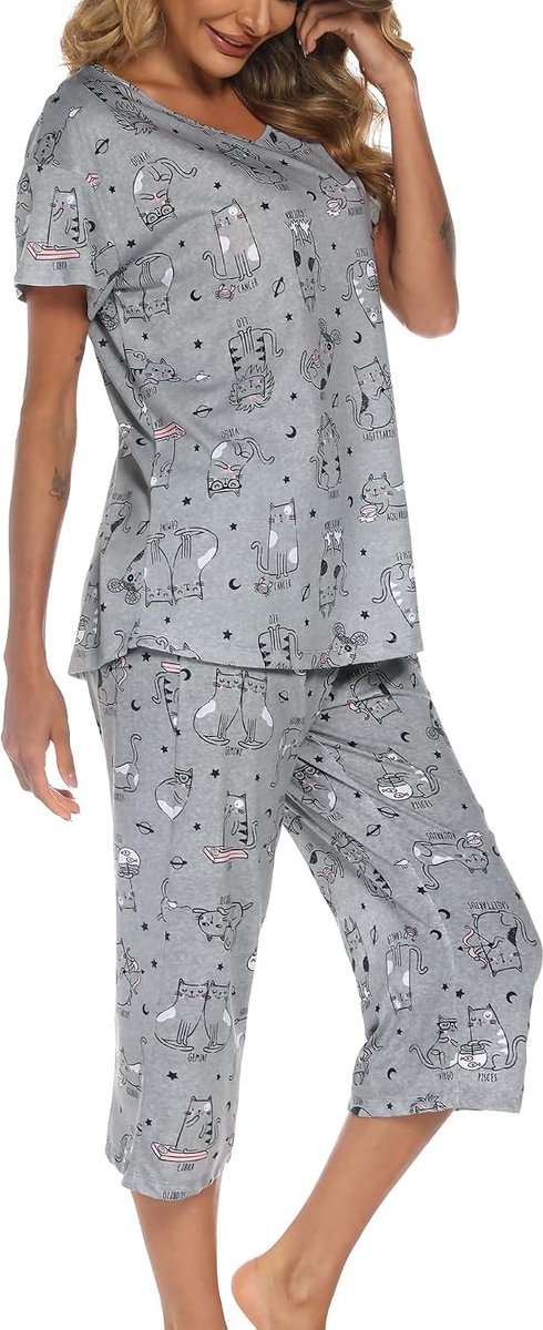 Dames Pyjama Set Korte Mouw Top en 3/4 Pyjamabroek Comfortabele Pjs Loungewear S-3XL