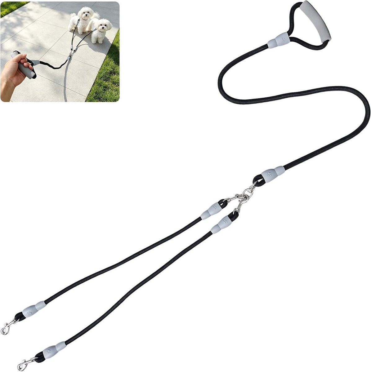 Hondenriem voor 2 honden, robuuste dubbele riem van 150 cm met zacht gevoerd handvat, scheurvast nylon, geschikt voor grote en middelgrote honden, klitvrij, zwart.