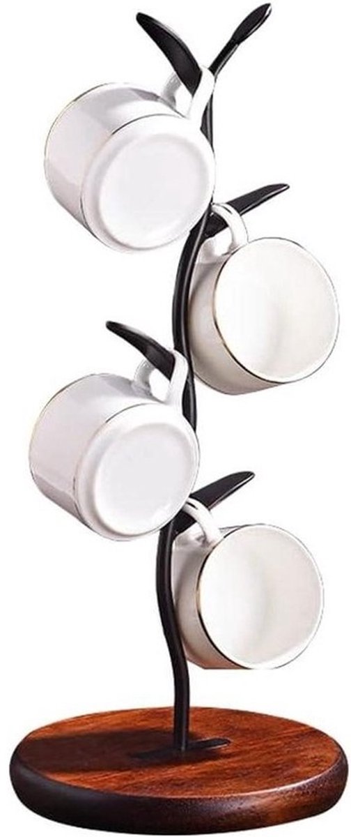 Mokhouder boom - Koffiebeker houder - Keuken organiseren - Bladvorm design - Houdt 4 mokken - Zwart