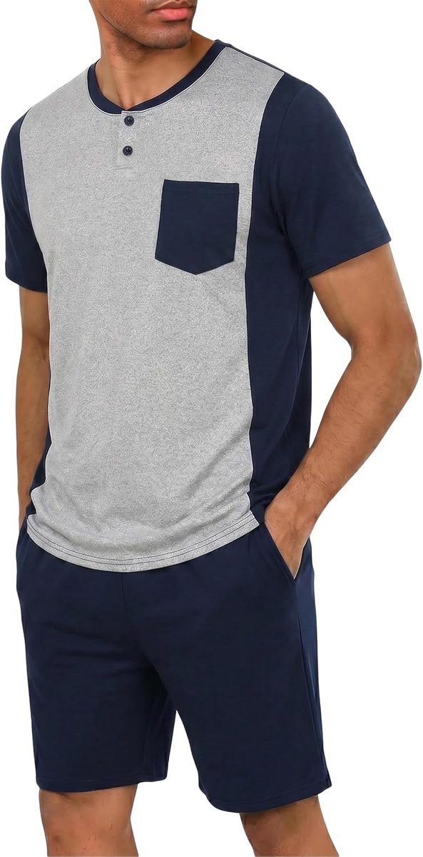 herenpyjama, ronde hals, knopen, pyjama, zomerpyjama voor heren, pyjamabroek, nachtkleding voor heren, Grijs (grijs-1), 2XL