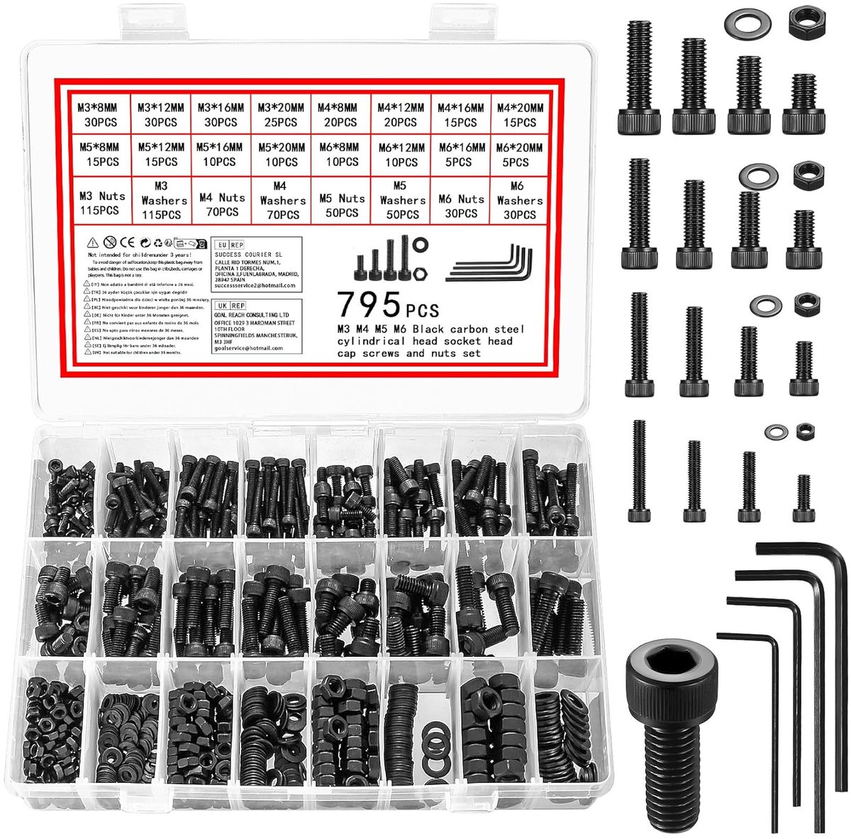 795 stuks zwarte moeren en bouten set, M3 M4 M5 M6 bouten en moeren set, metrische zeskantdopschroeven set, machineschroeven en ringen assortimentset voor fietsreparatie