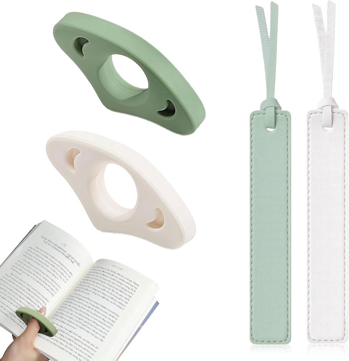 4-teiliges Buchzubehör-Set: 2 ademende siliconen duim-boekpaginahouders + 2 klassieke lederen bladwijzers met leren koord, voor boekliefhebbers en leesliefhebbers