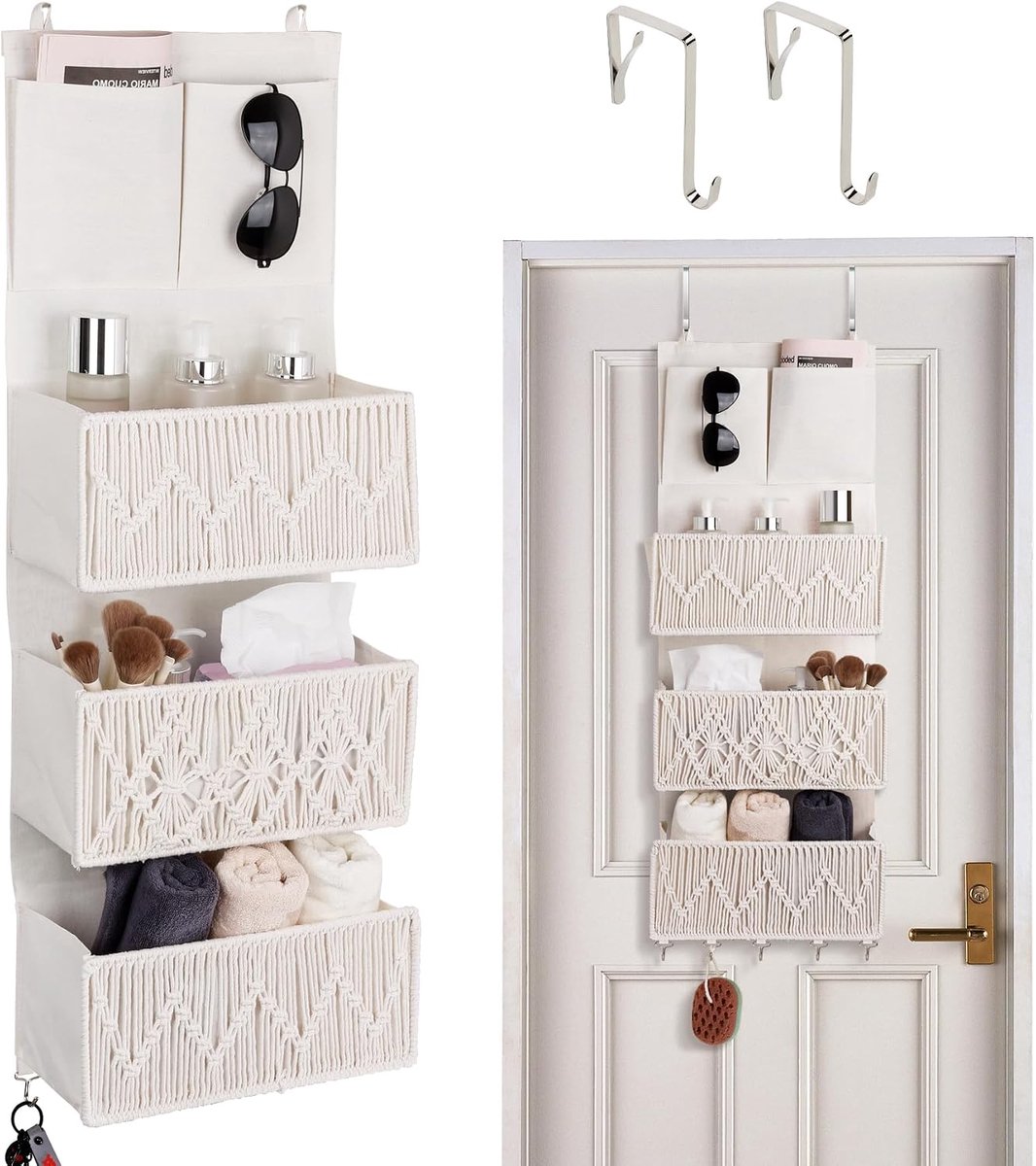 Hangorganizer met 3 vakken, boho macramé wandorganizer met haken, hangende opslag van katoen voor slaapkamer, badkamer en keuken