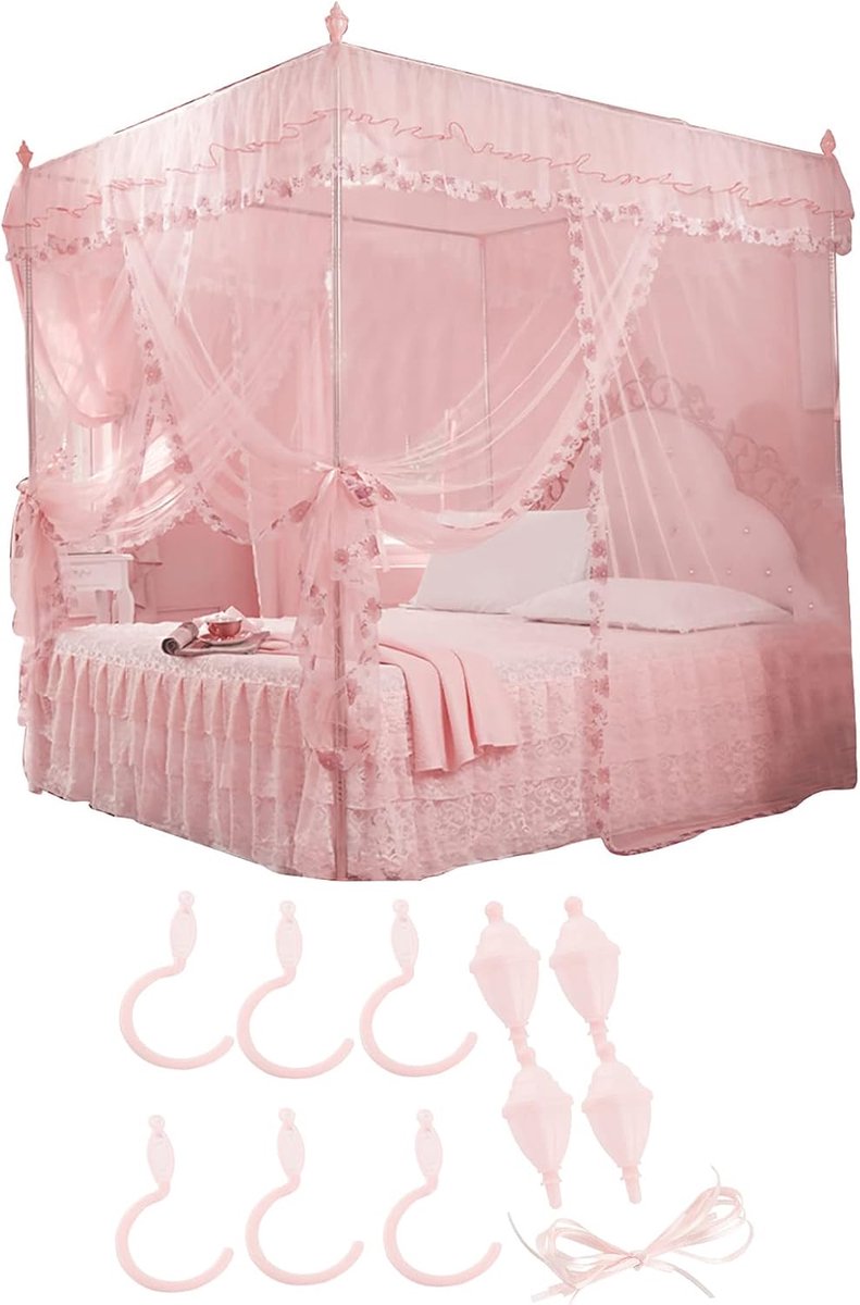 Prinses Kwartpost Bedgordijnen, 120mm/150mm, Bed Kroonlijst Kant Luxe Kant 3 Deur Mesh, Schattig Kant Prinses Stijl Comfortabel Slaap Roze Geel S L Slaapkamer (150 * 200 * 200)