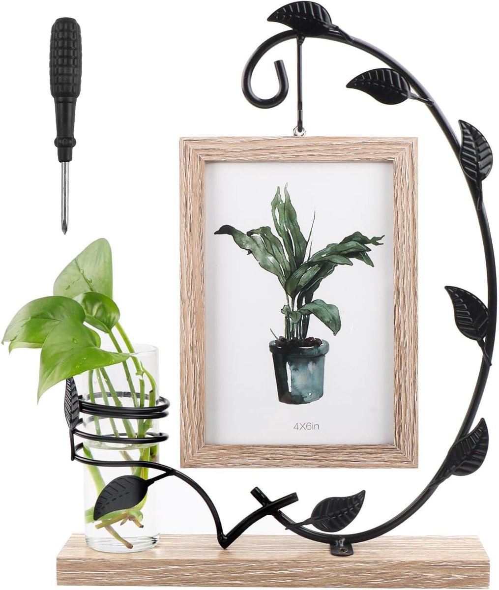 10 x 15 cm houten fotolijst met vaas en metalen standaard – vintage gepersonaliseerde fotolijst met dubbel glas – cadeau voor Kerstmis bruiloft familie – cadeau voor mama oma