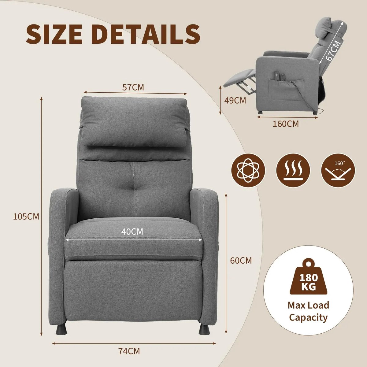 Gudalio Relaxfauteuil - Massagestoel - Relaxstoel - Elektrische Stoel - Ligstoel - Verwarming - Voetsteun - Zijvak - Massage - Grijs – foto 8